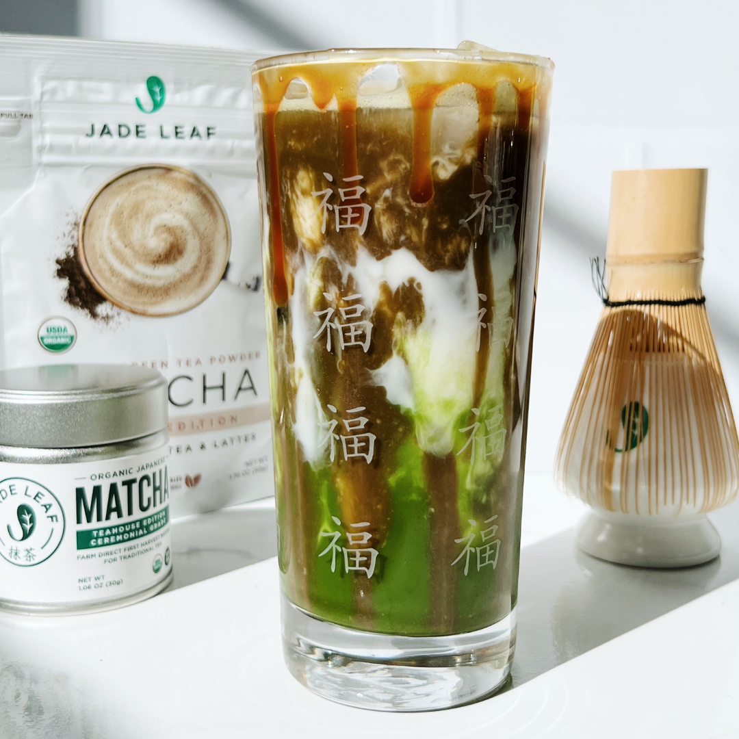 Matcha + Hojicha Latte with Caramel Drizzle – Jade Leaf Matcha